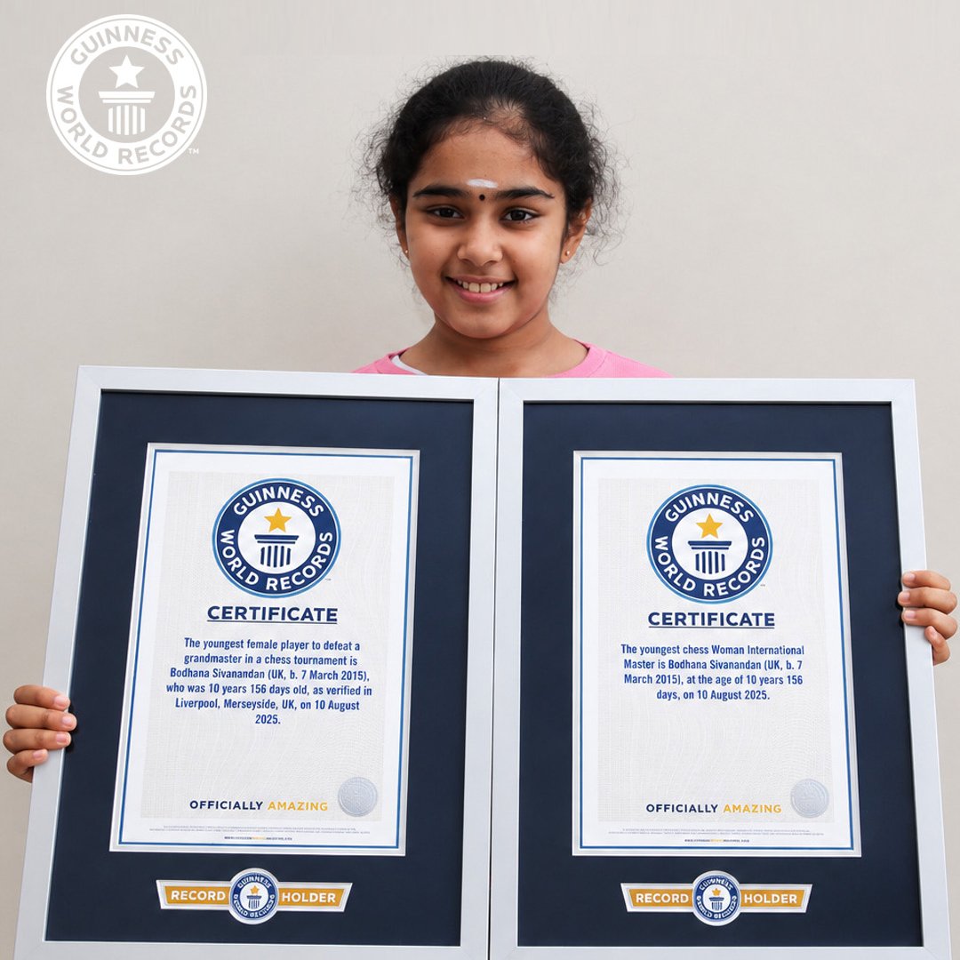 GWR's tweet photo. 11-year-old UK chess prodigy Bodhana Sivanandan has achieved the @GWR title for youngest chess player to achieve the Woman Grandmaster (WGM) title following her history-making performance at the 46th Chess Olympiad in Samarkand 🏆 https://t.co/uZ11U946Qk