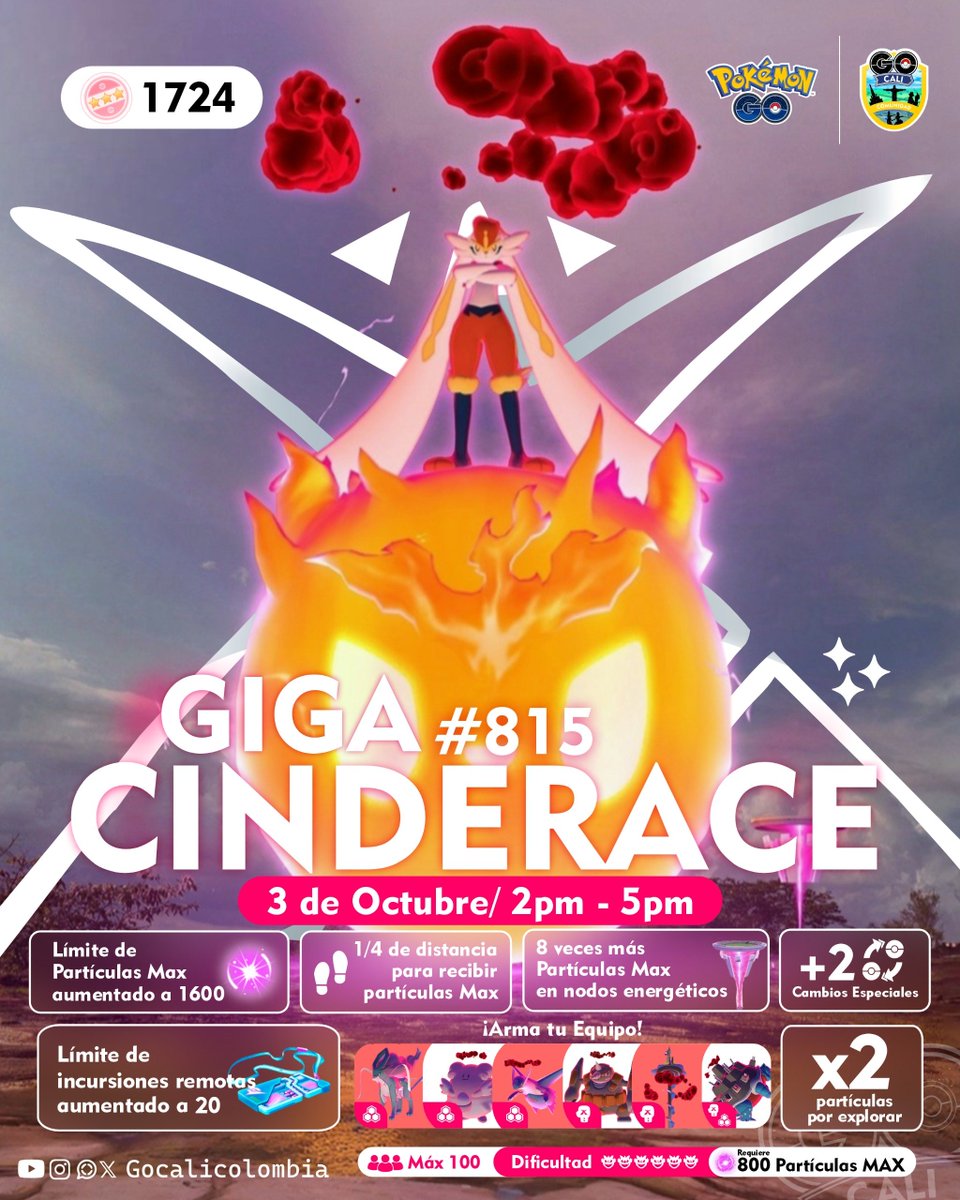 GoCaliColombia's tweet photo. 🔥#GigaCinderace regresa este sábado a los #CombatesMax de #PokémonGo! 🔥

📅 3️⃣ de Octubre de 2pm a 5pm

✨ Aprovecha más nodos! Más Partículas, posibilidad de shiny y mucho más!!

#juegaencomunidad

#gocalicolombia #infografiapokemon #citysafaricolombia #max #Gigamax #cinderace https://t.co/3ll9BMvkq9