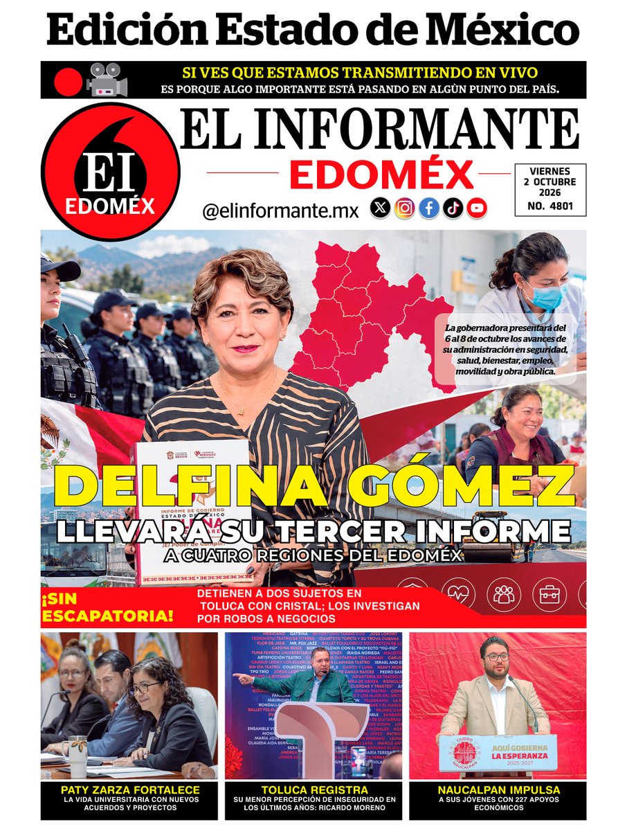 ElInformanteMX's tweet photo. #Portadas de nuestras #Ediciones #Nacional y #EstadoDeMéxico. Viernes 02 de Octubre del 2026.
Nuestra #EdiciónDigital aquí ↓
https://t.co/syu3Z9xhih https://t.co/bX68aYUNCW