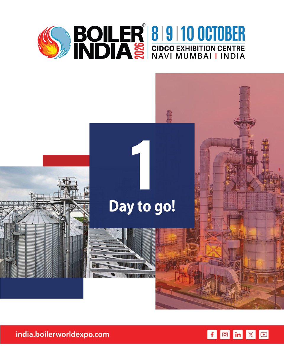 boilerworldexpo's tweet photo. 1 day to go for Boiler India 2026!
Pre-registration is mandatory to attend.
Register to visit from the link: https://t.co/vakpGTSriM
#boilerindia #bi26 #boiler #manufacturing #conference #tradeshow #exhibition #events #sustainability #growth https://t.co/Qeg8GbvbkO