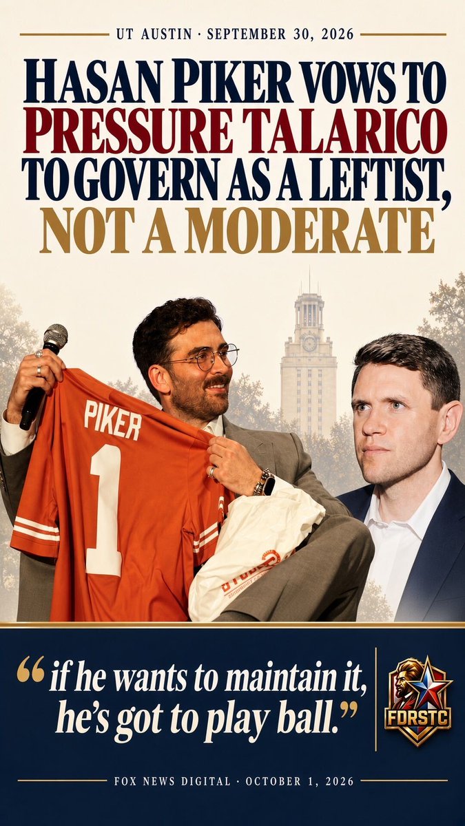 FDRSTC's tweet photo. More than 2,400 people signed up or joined the waitlist for Hasan Piker’s September 30 appearance at UT Austin. UT officials later counted 301 people inside the 466 seat auditorium.

University Democrats, who hosted the event, said they had tried to secure a larger venue and were forced to return tickets.

From the stage, Piker turned to Texas politics.

Speaking about James Talarico, he said supporters should make sure he does not become another “do nothing Democrat,” keep up the pressure after the election, and added:

“if he wants to maintain it, he’s got to play ball.”

Fox News Digital characterized the remarks as pressure on Talarico to govern as a leftist rather than a moderate. The outlet reported that Talarico’s campaign had not immediately responded to its request for comment.

#FDRSTC #TXsen #UTAustin