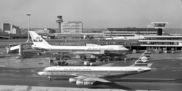 nwoko_greg62705's tweet photo. The international terminal of Murtala Muhammed Airport, Ikeja, was deliberately modeled after Amsterdam Airport Schiphol.

Lagos did not expand as planned.

History: The original Lagos Airport was built during World War II and was the base for West African Airways Corporation from 1947. 

In the early 1970s, Gowon's government decided to build a new international terminal as part of a master plan to handle traffic up to the year 2000.

The contract was awarded at a cost of 240 million Naira. 

Construction ran through the mid 1970s. It was renamed after Murtala Muhammed after his assassination in 1976, while still under construction.

The new terminal was officially opened on March 15, 1979 by General Olusegun Obasanjo. 

At the opening, it was announced that it was modeled after Schiphol and was designed to handle 2.5 million passengers a year and 25 international airlines, with a 3,900 metre runway and its own 10,000 kilowatt power plant.

The idea was that Lagos would become a hub like Amsterdam. 

A huge land area, almost the size of a local government, was acquired at Ikeja for this. The design was for several wings to be added later, just like Schiphol.

Schiphol grew to become the 5th busiest in Europe with 58 million passengers. Lagos did not expand as planned. That is why people still say MMIA is a small copy of Schiphol that was never completed.

First photo: Schiphol Airport
Second Airport: Lagos International Airport under construction during the Gowon Government (Before it was renamed Murtala Muhammed International Airport)

How many times has Schiphol and Murtala Muhammed airport gone through expansion?

Schiphol has been expanded in major waves, not just once, since it started as a military mud field in 1916.

If you count the big rebuilds:

1. 1949 - First proper passenger terminal after World War II bombing. Decision to make Schiphol the main airport of Netherlands. The village of Rijk was demolished to expand.

2. 1967 - The famous single terminal that Lagos copied. Opened by Queen Juliana. This is the core that is still in use today as Departure Halls 1 and 2. Designed for jet age.

3. 1970 - A Pier, now C Pier, modified to take the Boeing 747.

4. 1975 to 1977 - New pier D, now F Pier, built for wide body jets. Oil crisis stopped some work in 1973.

5. 1978 - First underground railway station added, so airport connected to train.

6. 1991 to 1997 - Schiphol Plaza and air traffic control tower. The 1967 terminal pulled down partly to build Plaza shopping centre.

7. 2003 - Fifth runway, the Polderbaan. Plan for it started since 1970 but parliament only approved in 1995. Cost 340 million euros. Also Departure Lounge 1 renovated in 2005.

8. 2016 to 2024 - New Pier A and new terminal construction started, to add 14 million passengers capacity per year. Meant to be ready by 2023 but delayed.

9. 2025 - Royal Schiphol Group announced a 10 billion euro investment plan for next expansion, new brand and sustainability rebuild.

So from 1949 to now, at least 8 major expansion phases. The airport went from 4 runways in 1940 to 6 runways today, from one small 1949 building to one single terminal with 3 departure halls, and from thousands of passengers to 71.7 million in 2019.

Lagos Murtala Muhammed International, which copied the 1967 design in 1979, has had only 2 real expansions since then: MMA2 domestic in 2007 and the Chinese funded international E Wing in 2022, while Schiphol has had 8.

That is why Schiphol became 5th busiest in Europe and Lagos is still struggling with 6 million passengers.