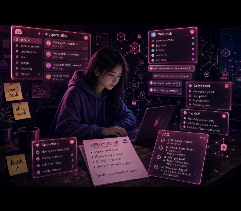 kriste_Web3's tweet photo. I have been in Web3 for six weeks. Here is what I wish someone had told me about getting a first community task.

1/10 Most “apply here” forms are a black hole.

Projects get hundreds of applications.

The people who actually get tasks are often already visible in the Discord, Telegram, or replies before they ever fill out a form.

2/10 Lurking is not research.

Reading announcements for two days and then DMing a mod, “How can I contribute?” can come across as low effort.

A better approach?

Notice a repeated question, broken link, missing summary, or translation gap and fix one publicly.

3/10 Your first task is rarely “strategy” or “growth lead.”

It’s usually something small and slightly annoying:

• Daily recap  
• FAQ cleanup  
• Thread of user questions  
• Competitor post research  
• Simple graphic  
• Proofreading a document

Do it well, and the next opportunity becomes easier to earn.

4/10 Generalist bios get ignored.

“Passionate about Web3. Happy to help with anything.”

Everyone says it.

Instead, say something a mod can actually use:

“I can turn messy Discord conversations into a clean weekly update in under an hour.”

Specific > vague.

5/10 Consistency beats the perfect application.

Three useful messages a day for ten days can make you more recognizable than one long introduction followed by silence.

People remember the account that keeps showing up with something concrete.