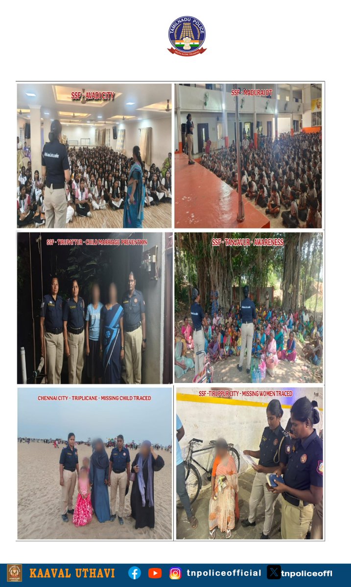tnpoliceoffl's tweet photo. சிங்கப்பெண் சிறப்பு படை (SSF) – முக்கிய அம்சங்கள்

🔹 01.09.2026–30.09.2026: 1,045 புகார்களுக்கு நேரில் சென்று நடவடிக்கை.
🔹 15 காணாமல் போன பெண்கள், 16 காணாமல் போன குழந்தைகள் கண்டறியப்பட்டனர்.
🔹 SSF தலையீட்டின் மூலம் 75 வழக்குகள் பதிவு.
🔹 கல்வி நிறுவனங்களில் 2,812, பிற இடங்களில் 11,787 விழிப்புணர்வு நிகழ்ச்சிகள் நடத்தப்பட்டன.
🔹 புலம்பெயர் தொழிலாளர்களிடம் 706 விழிப்புணர்வு நிகழ்ச்சிகள் நடத்தப்பட்டன.
🔹 57,183 ஹாட்ஸ்பாட்கள் தொடர்ந்து கண்காணிக்கப்பட்டன.
🔹 25 அறிவுசார் குறைபாடுடையோர் (22 பெண்கள், 3 ஆண்கள்) மீட்கப்பட்டனர்.
🔹 17 குழந்தைத் திருமணங்கள் தடுக்கப்பட்டன.
🔹 227 பள்ளி இடைநிற்றல் குழந்தைகள் மீண்டும் பள்ளியில் சேர்க்கப்பட்டனர்.

கடந்த வார முக்கிய நடவடிக்கைகள்

🔸 சென்னை – 27.09.2026: பேருந்தில் பெண்ணிடம் தவறாக நடந்து கொண்ட ஒருவர் கைது.
🔸 தென்காசி: 17 வயது மாணவி தொடர்பான புகாரில் 2 பேர் கைது.
🔸 கோயம்பேடு – 29.09.2026: பெண்ணை அனுமதியின்றி வீடியோ பதிவு செய்த ஒருவர் கைது.
🔸 குறும்படப் போட்டி: பெண்கள் மற்றும் குழந்தைகள் பாதுகாப்பு; கடைசி நாள் – 10.10.2026.