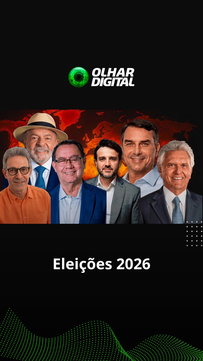 The image features the Olhar Digital logo at the top, followed by photos of six male political candidates arranged in front of a fiery world map background, with the text "Eleições 2026" displayed below—visually introducing the post's topic about the 2026 Brazilian presidential candidates' positions on climate change and energy.
