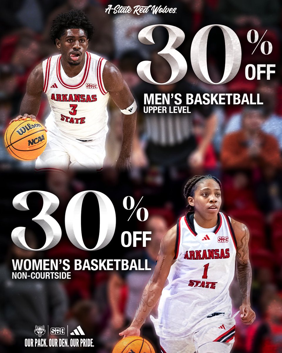 AStateRedWolves's tweet photo. 🏀ONE MONTH FROM HOOPS!🏀

Opening night of the college basketball season is a month away, and to celebrate, we're letting you save money on A-State Men's and Women's season tickets.

This weekend only, you can save 30% off men's upper-level and women's non-courtside season tickets. But, do not wait: the shot clock on this offer hits :00 Sunday night!

Go to https://t.co/bDuqfei0lV and make your plans to be at The Bank all season long! #WolvesUp