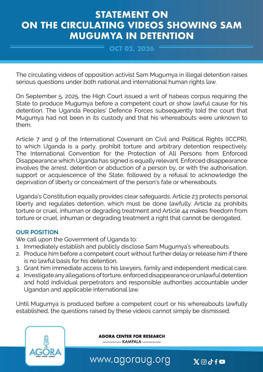 AgoraCFR's tweet photo. Our statement regarding the circulating videos of @SamMugumya.

#FreeSamMugumya https://t.co/Cwmh5HhovX