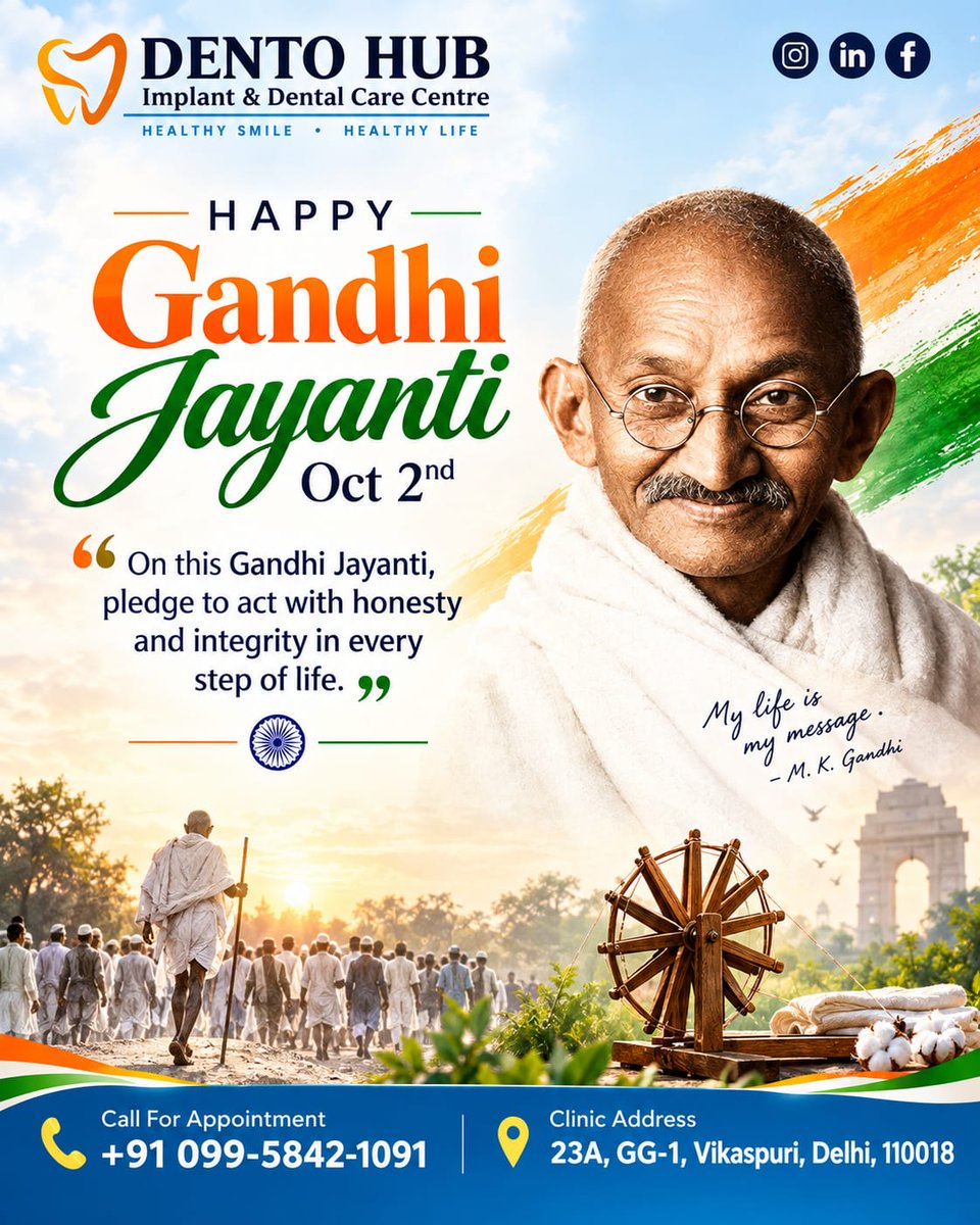 DentoHubdelhi's tweet photo. Happy Gandhi Jayanti.  Let’s embrace truth, peace, honesty &amp; integrity. Wishing everyone a peaceful Gandhi Jayanti. 

📞 011-45110704 | +91 9818833730 | +91 9958421091
#GandhiJayanti #DentoHub #TruthAndPeace https://t.co/7PceFRF1es