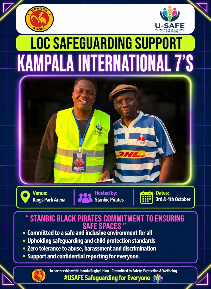 URUSAFEGUARDING's tweet photo. Kampala International 7's at KPA (3rd &amp; 4th Oct),hosted by Stanbic Black Pirates,U-SAFE is fully active.Our LOC Support Team is on ground and our Allocated Officers-Shamira Uthman Aisha &amp; Shafiq Niwagaba-are mandated to monitor,brief,respond and uphold.
#SafeguardingForEveryone https://t.co/kdTPcnrutu