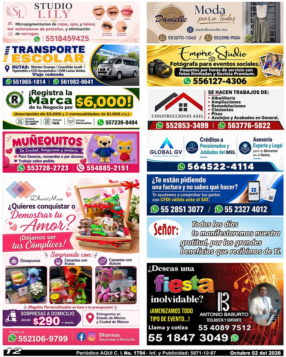periodicoAQUI's tweet photo. #micropigmanetacion #boutique #transporteescolar #fotografa #registrodemarca #construcciones #amigurumis #creditos #facturacion #oracion #SorpresasADomicilio #tecladistacantante #AQUICUAUTITLÁNIZCALLI
https://t.co/nhsGHRaPrg https://t.co/HHJaA2WMBK