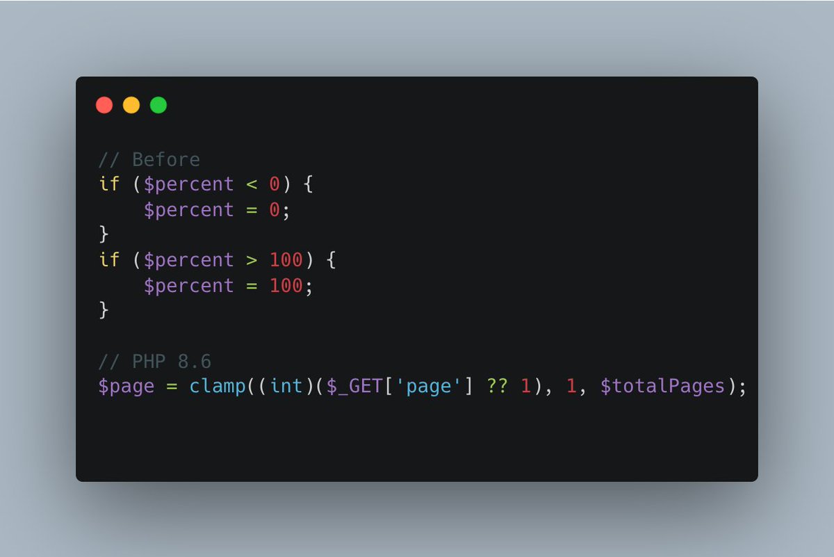 scottkeckwarren's tweet photo. #PHPC tip: PHP 8.6 adds `clamp()`, so the two-`if` range check goes away.

Swap min and max, and PHP throws a `ValueError`.

#PHP #PHP86 #CleanCode https://t.co/tS7dHwvoy8
