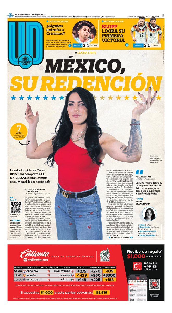 UnivDeportes's tweet photo. #EnPortada  📰 #BuenViernes  ☀️

México, su redención  🇲🇽  🔥

➡️ https://t.co/5U9QvNv4Wa https://t.co/EfcE10DXnu