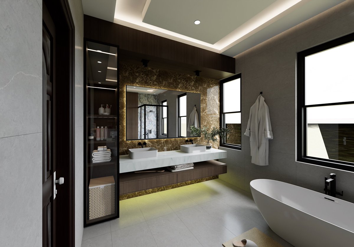 Lannyinteriors's tweet photo. Mirrors completely change the vibe of a space. We're testing out three different vanities
Round, suspended mirrors with a two-tone wall backdrop.
A single, expansive rectangular statement mirror.
Sleek, pill-shaped vertical mirrors.
Which layout wins? Drop a 1, 2, or 3 in the comments!