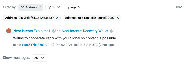 zacodil's tweet photo. BREAKING: the NEAR Intents exploiter made contact, sending 1 BNB to the recovery wallet with a message attached:

>> Willing to cooperate, reply with your Signal so contact is possible

Sent from the same address the $3.8M left through, inside the 48 hour window.

He sent the same message on Ethereum an hour earlier with 0.295 ETH.