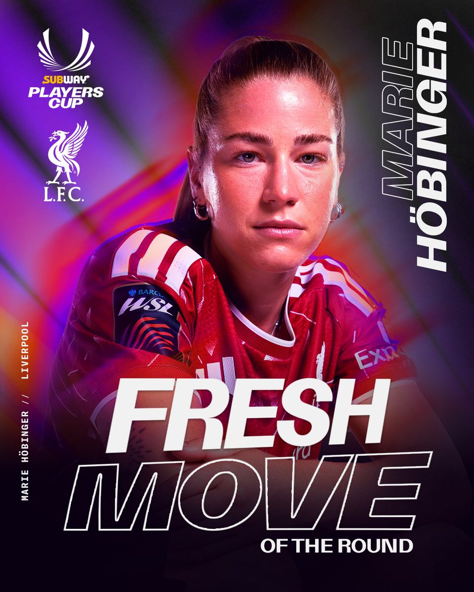 BarclaysWSL's tweet photo. Marie Höbinger brought in the fresh moves
in Round 2! 👌
Captaining her @LiverpoolFCW side, and providing two
goals makes Marie the #FreshMoveOfTheRound 🏆
#SubwayPlayersCup https://t.co/JCqra0v4pD