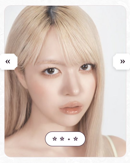 Close-up beauty shot of a woman with long blonde hair and bangs, featuring glossy lips, with navigation arrows and a decorative label on the image.