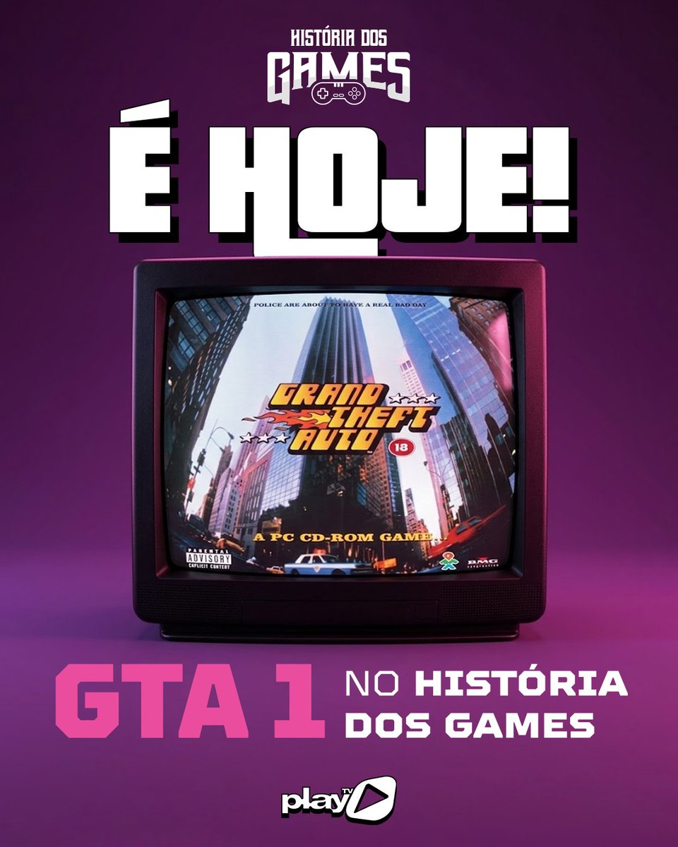 playtv's tweet photo. É HOJE! 🎉

Chegou o dia de conhecer a história de GTA 1!

Como surgiu a franquia que se tornou um dos maiores nomes dos games? Leão Dourado, Karyna Crash e SaninPlay vão contar essa história no História dos Games.

Hoje, às 21h30, na PlayTV! 🔥

#GTA #GTA1 #RockstarGames #PlayStation #Games