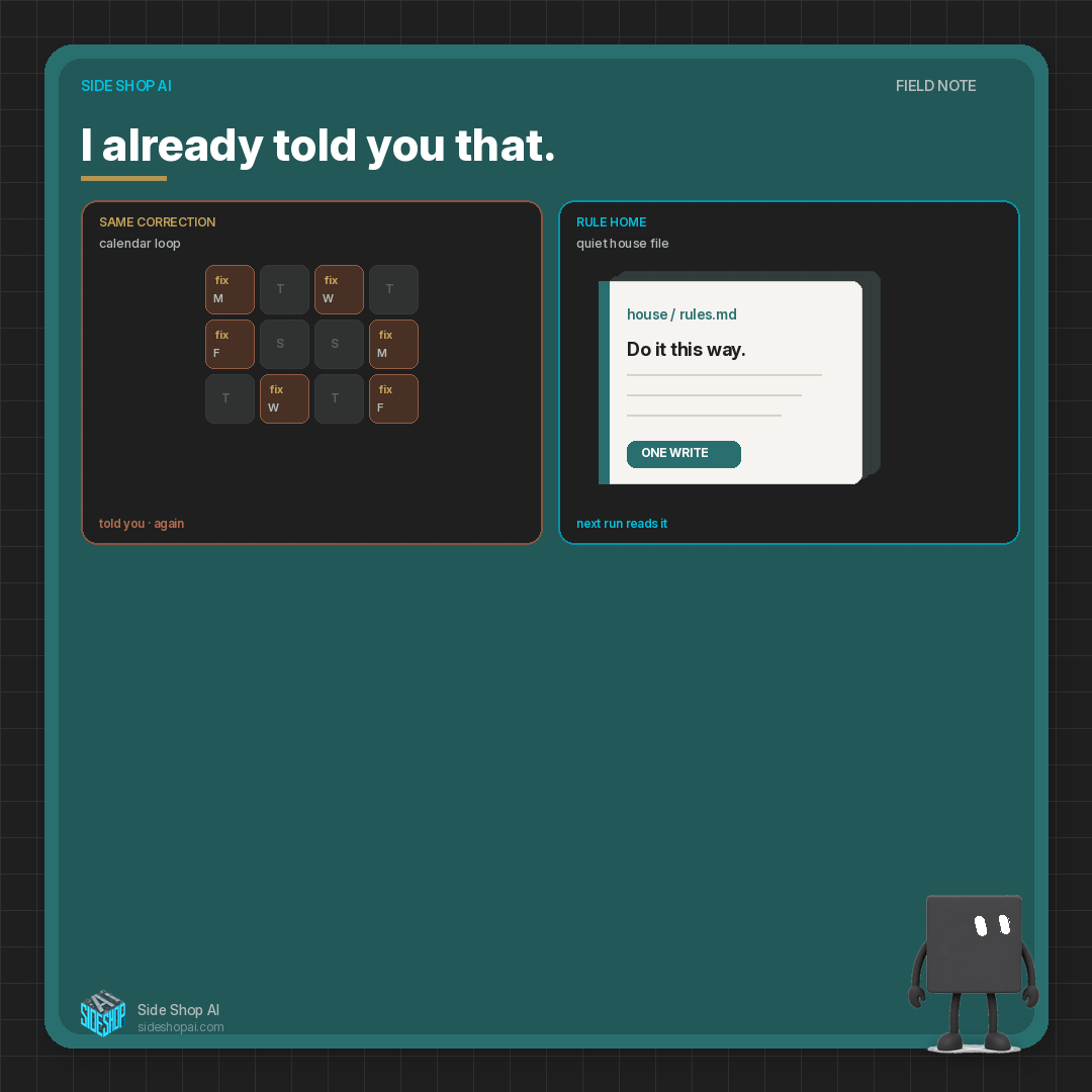 SideShopAi's tweet photo. On the shop floor, “I already told you that” is not a lasting rule.

You tell the inbox helper in chat: refunds are thirty days, not fourteen. It apologizes and drafts correctly — for this ticket. Next week a different thread invents fourteen again. You never wrote the shared house fact. You never updated the description line that says never invent the window — look it up.

Same correction text. Different home. Only one of those is teaching.

Audit the repeats. Check profile, house folder, memory, skills, routines, and sister seats that still hold the old version. Approve the smallest replace set topic-by-topic. Write once. Delete stale.

Handoffs need a clear owner and a defined done. Lasting rules need the same — or the receiving seat invents policy mid-pass from whichever chat correction it remembers.

https://t.co/RGDJijGqRe

Week-one Grok Bot setup: notice the repeats, land the rule where the next run will read it, stop re-arguing the same preference every Tuesday.

https://t.co/YXdN3oFmaI