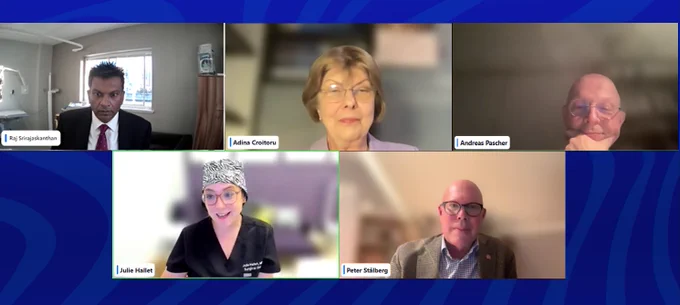 Screenshot of the webinar's faculty: Raj Srirajaskanthan, Adina Croitoru, Andreas Pascher, Julie Hallet, and Peter Stålberg.