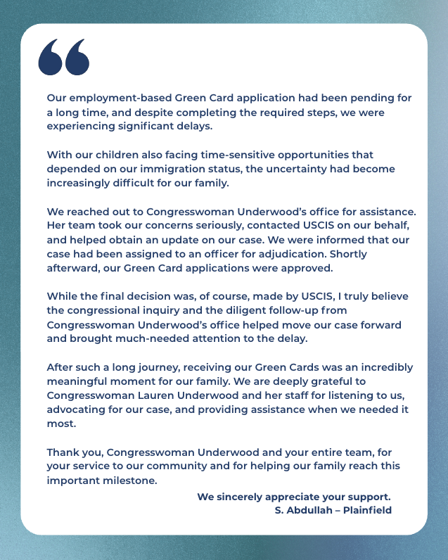 A white rounded-rectangle testimonial card on a blue textured background. A large quotation mark symbol appears at the top, followed by several paragraphs of dark blue text describing assistance with a delayed Green Card application. A bold closing message and a name with location appear at the bottom.