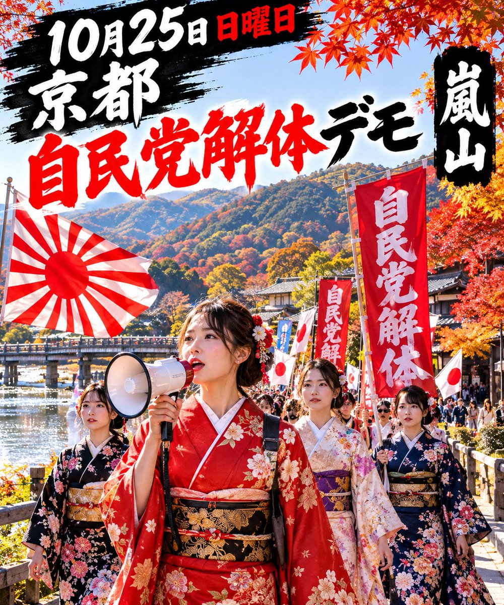 fth6o's tweet photo. 自民党解体デモ
このままの政治で、本当にいいのか。
暮らし、税金、経済、外国人政策
国民の声を政治に届けるため、京都から声を上げます。
「自民党解体！」
10月25日（日）
午前〜13:00頃
京都
主催：赤鬼
＃京都 https://t.co/Y9iQzyTriE