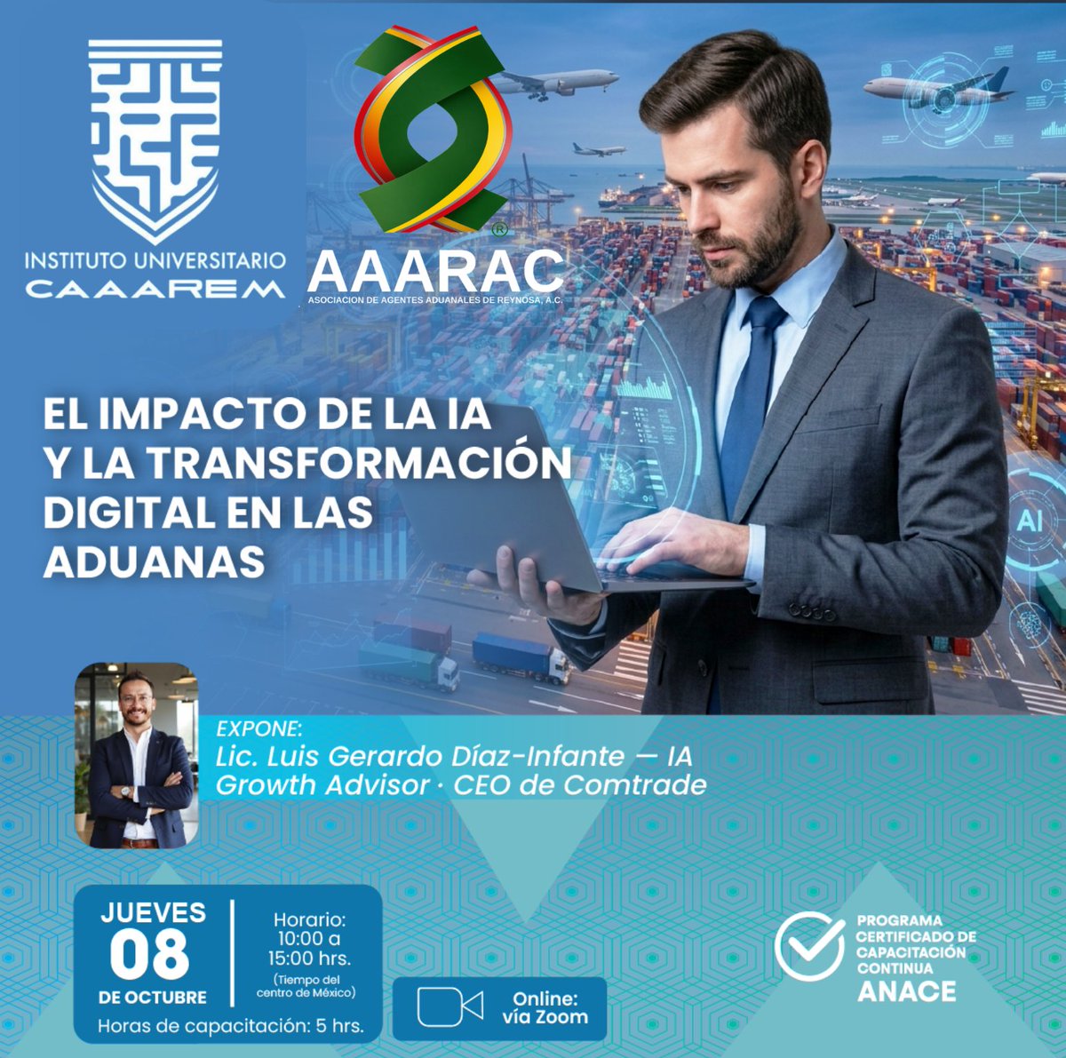 AAAReynosa's tweet photo. "CURSO EN LINEA EL IMPACTO DE LA IA Y LA TRANSFORMACIÓN DIGITAL EN LAS ADUANAS" 
Como expositor Lic. Gerardo Díaz Infante🧑‍🏫
📅 08 Octubre 2026 11:00 a 16:00 horas (Zona Reynosa)
💻 Plataforma ZOOM
📝 Realiza tu registro en línea: 
https://t.co/7SJCNL05N5 https://t.co/C9HhTNMzGM