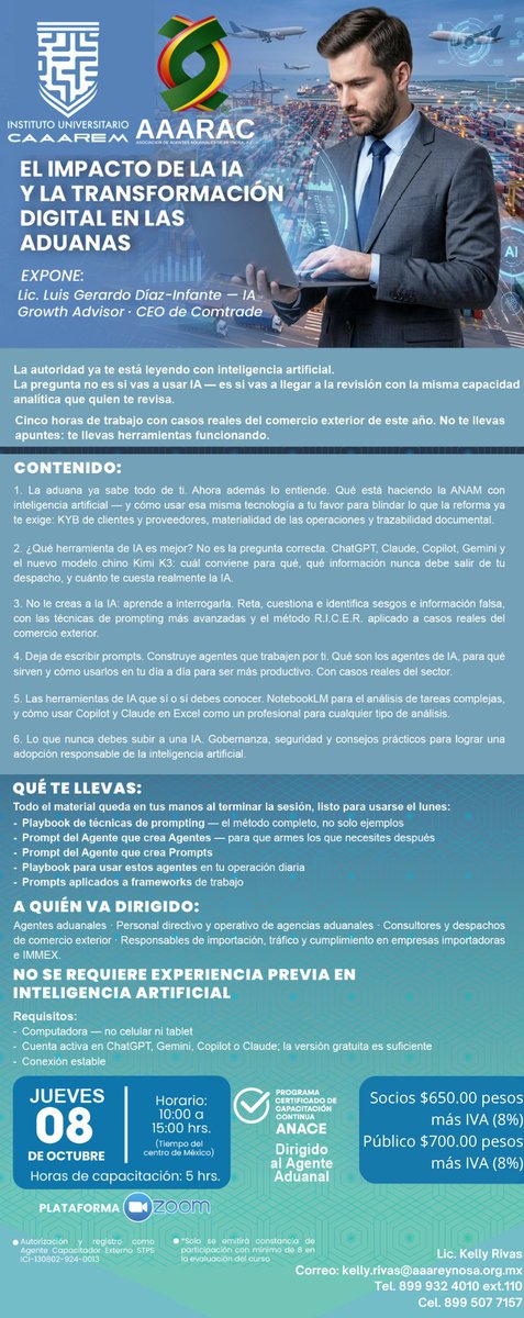 AAAReynosa's tweet photo. "CURSO EN LINEA EL IMPACTO DE LA IA Y LA TRANSFORMACIÓN DIGITAL EN LAS ADUANAS" 
Como expositor Lic. Gerardo Díaz Infante🧑‍🏫
📅 08 Octubre 2026 11:00 a 16:00 horas (Zona Reynosa)
💻 Plataforma ZOOM
📝 Realiza tu registro en línea: 
https://t.co/7SJCNL05N5 https://t.co/C9HhTNMzGM