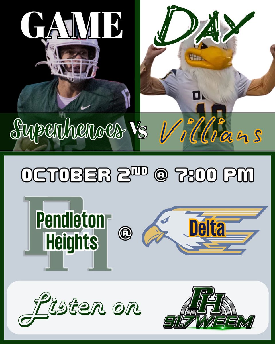 917WEEM's tweet photo. It’s Game Day! 🏈

🎧 Pregame coverage begins at 6:45 PM, with kickoff
at 7:00 PM as the Arabians take on the Delta Eagles at Delta for the final Hoosier Heritage Conference meeting between these two football teams!

#fridaynightlights🏈 #weem #asn https://t.co/hBAbFACmMd