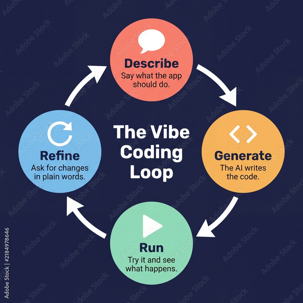 deep_vision27's tweet photo. https://t.co/YCk0Emj70L
Circular diagram of the vibe coding loop through describe, generate, run and refine
#vibecoding #aicoding #circulardiagram #loop #cycle #foursteps #describe #generate #run #refine #infographic #arrows #circles #icons #speechbubble https://t.co/FmRfm0sUej