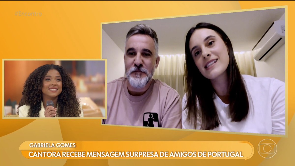 A Brazilian TV Globo interview segment titled '#Encontro' features singer Gabriela Gomes, who receives a surprise message from friends in Portugal.