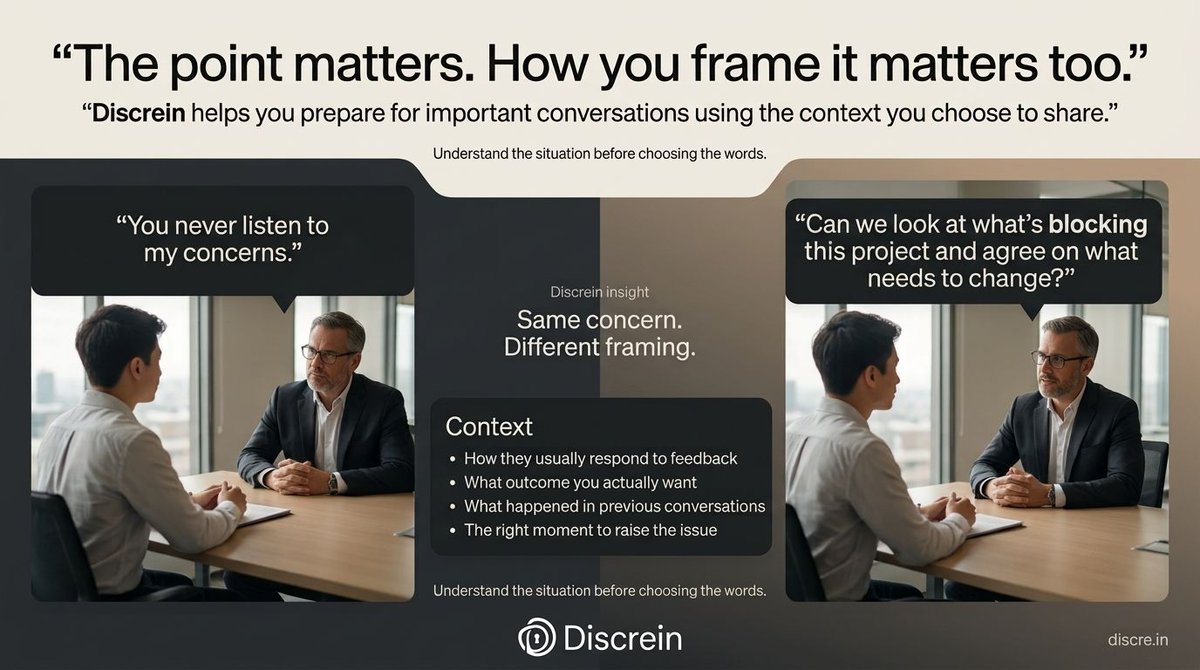 discre_in's tweet photo. Same concern.

Two completely different ways to bring it up.

Sometimes better communication isn’t about changing what you want to say.

It’s understanding the person, the situation, and the outcome you’re trying to reach.

→ https://t.co/AORTYOMr1T

#Discrein #Workplace #AI https://t.co/Tm3nUs80q5