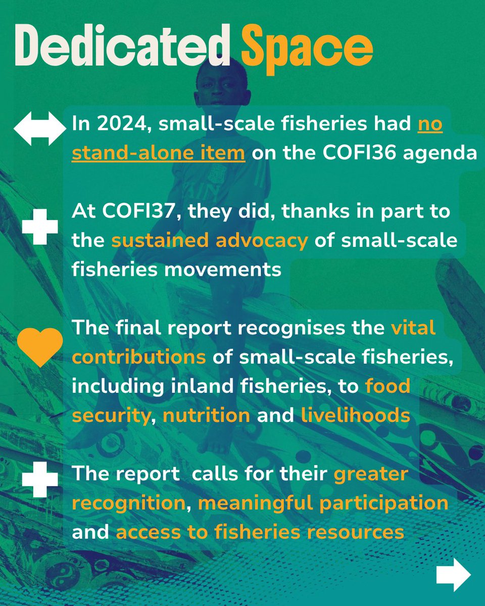 ICSF1's tweet photo. 🌊 𝗖𝗢𝗙𝗜𝟯𝟳: 𝗦𝗺𝗮𝗹𝗹-𝘀𝗰𝗮𝗹𝗲 𝗳𝗶𝘀𝗵𝗲𝗿𝗶𝗲𝘀 𝗯𝗮𝗰𝗸 𝗼𝗻 𝘁𝗵𝗲 𝗮𝗴𝗲𝗻𝗱𝗮, 𝗰𝗼𝗻𝗰𝗿𝗲𝘁𝗲 𝗰𝗼𝗺𝗺𝗶𝘁𝗺𝗲𝗻𝘁𝘀 𝘀𝘁𝗶𝗹𝗹 𝘁𝗼 𝗰𝗼𝗺𝗲 

The dust has settled on the 37th Session of the FAO Committee on Fisheries (COFI37). Sifting through the discussions and deliberations reveals a mixed bag of outcomes for small-scale fisheries. These realities are made starker when viewed against the goings-on at COFI36 in 2024. 

These findings indicate that, over the 12-year period since the adoption of the SSF Guidelines, there has been growing recognition of SSF' vital contributions to food and nutrition security, livelihoods, and rural development. They also make it clear that threats to SSF - from industrial aquaculture, extractivism, and the Blue Economy, among others - persist. The work to counter them must, as well. 

#ssfguidelines #smallscalefisheries #cofi37 #foodsovereignty #fishersrights #fisheriesgovernance