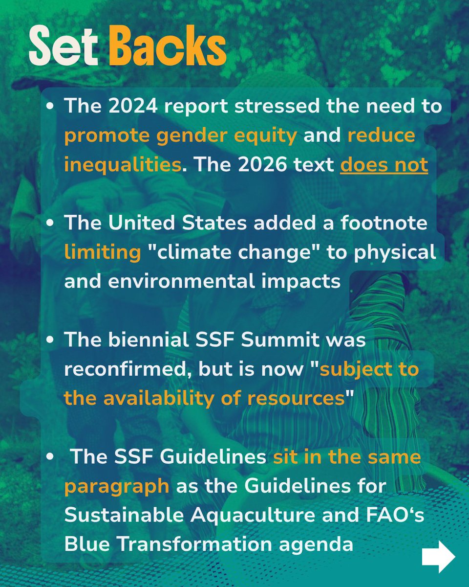 ICSF1's tweet photo. 🌊 𝗖𝗢𝗙𝗜𝟯𝟳: 𝗦𝗺𝗮𝗹𝗹-𝘀𝗰𝗮𝗹𝗲 𝗳𝗶𝘀𝗵𝗲𝗿𝗶𝗲𝘀 𝗯𝗮𝗰𝗸 𝗼𝗻 𝘁𝗵𝗲 𝗮𝗴𝗲𝗻𝗱𝗮, 𝗰𝗼𝗻𝗰𝗿𝗲𝘁𝗲 𝗰𝗼𝗺𝗺𝗶𝘁𝗺𝗲𝗻𝘁𝘀 𝘀𝘁𝗶𝗹𝗹 𝘁𝗼 𝗰𝗼𝗺𝗲 

The dust has settled on the 37th Session of the FAO Committee on Fisheries (COFI37). Sifting through the discussions and deliberations reveals a mixed bag of outcomes for small-scale fisheries. These realities are made starker when viewed against the goings-on at COFI36 in 2024. 

These findings indicate that, over the 12-year period since the adoption of the SSF Guidelines, there has been growing recognition of SSF' vital contributions to food and nutrition security, livelihoods, and rural development. They also make it clear that threats to SSF - from industrial aquaculture, extractivism, and the Blue Economy, among others - persist. The work to counter them must, as well. 

#ssfguidelines #smallscalefisheries #cofi37 #foodsovereignty #fishersrights #fisheriesgovernance