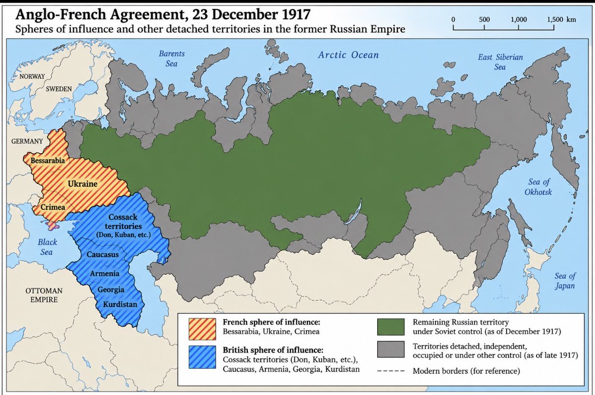 rinalu_'s tweet photo. Remember that secret Molotov-Ribbentrop agreement everyone goes bananas over? Well, here’s another secret agreement. In December 1917, Britain and France divided parts of Russia into their spheres of influence.

Britain got the Cossack territories and the Caucasus, including Armenia, Georgia and Kurdistan. France got Bessarabia, Ukraine and Crimea.

And look where their forces subsequently operated during the Russian Civil War: the French intervened in southern Russia, including Odessa and Crimea, while the British became heavily involved in the Caucasus and supported anti-Bolshevik forces elsewhere. The agreement was originally made in the context of the war against the Central Powers, but after Germany surrendered, Allied intervention continued and became increasingly tied to the Russian Civil War itself.

And was Lenin bravely defending Russia from these foreign powers? Nope. At Brest-Litovsk, his government surrendered Russian control over vast territories and accepted German domination across much of the former empire. Some anti-imperialist hero.

But you thought the Civil War was a war of good versus evil, where the role of evil varies depending on your preferred ideology.