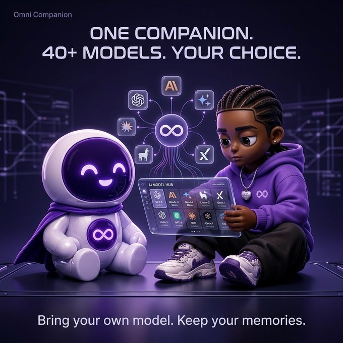 An advertisement for "Omni Companion" reading "ONE COMPANION. 40+ MODELS. YOUR CHOICE." and "Bring your own model. Keep your memories," showing a white robot and a young person using an "AI MODEL HUB" interface.