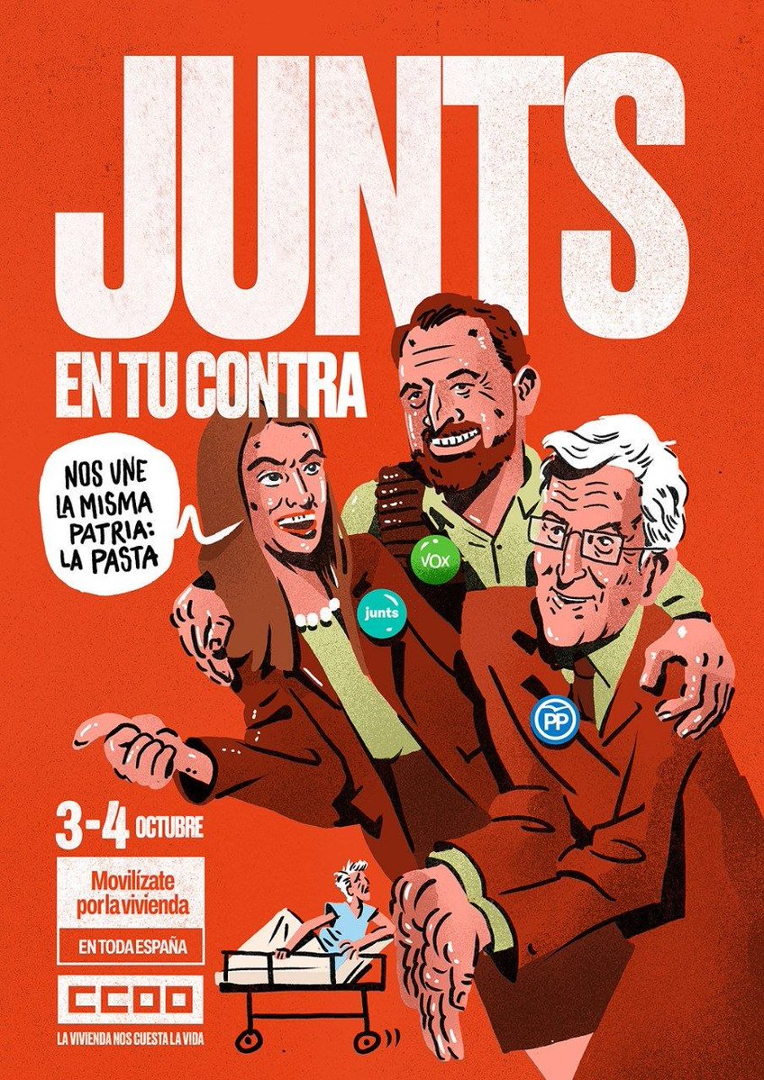 CCOO's tweet photo. 🏠 La vivienda no puede ser un negocio de unos pocos.

👥 Que PP, Vox y Junts tumben las medidas que protegen y defienden a la clase trabajadora no nos sorprende. 

🤐 Pero no nos vamos a callar. Sus intereses no pueden estar por encima de nuestras propias vidas.

✊🏻 Mañana, ¡todos y todas a la calle!