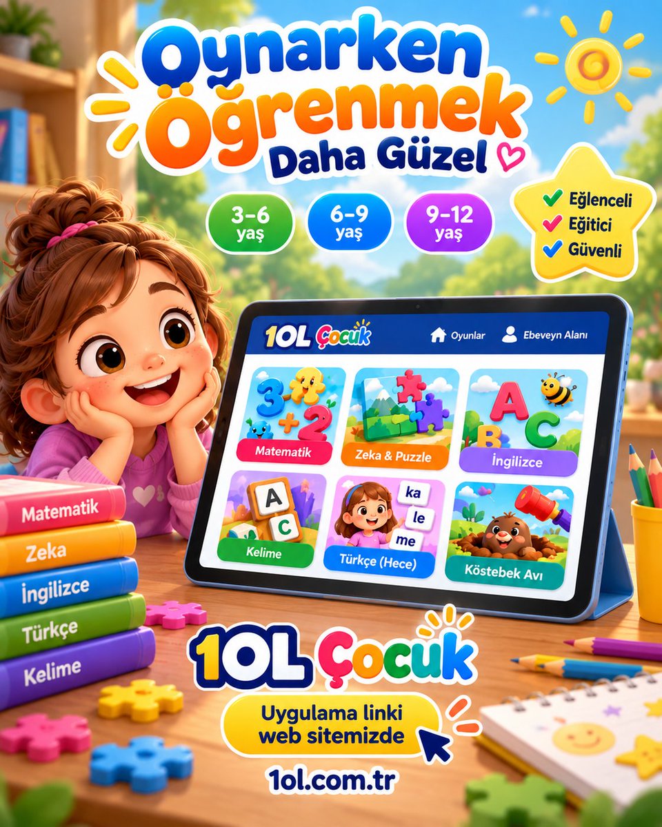 1ol_com_tr's tweet photo. Çocuklar oynarken öğrensin! 🎮🌟
1OL Çocuk'ta farklı yaş gruplarına özel eğitici ve eğlenceli oyunlar bir arada. 🧩
👧 3–6 yaş
🧒 6–9 yaş
👦 9–12 yaş
Matematikten puzzle'a, mantıktan genel kültüre kadar yeni oyunlar ve yeni turlar eklenmeye devam ediyor. ⭐
🌐 Web'de hemen oynayın.
📱 Android uygulamamızı indirin.
Uygulama indirme bağlantısı web sitemizde.
https://t.co/dnobZtW16U
#1OLÇocuk #EğiticiOyunlar #ÇocukOyunları #OynarkenÖğren #Eğitim #ÇocukGelişimi