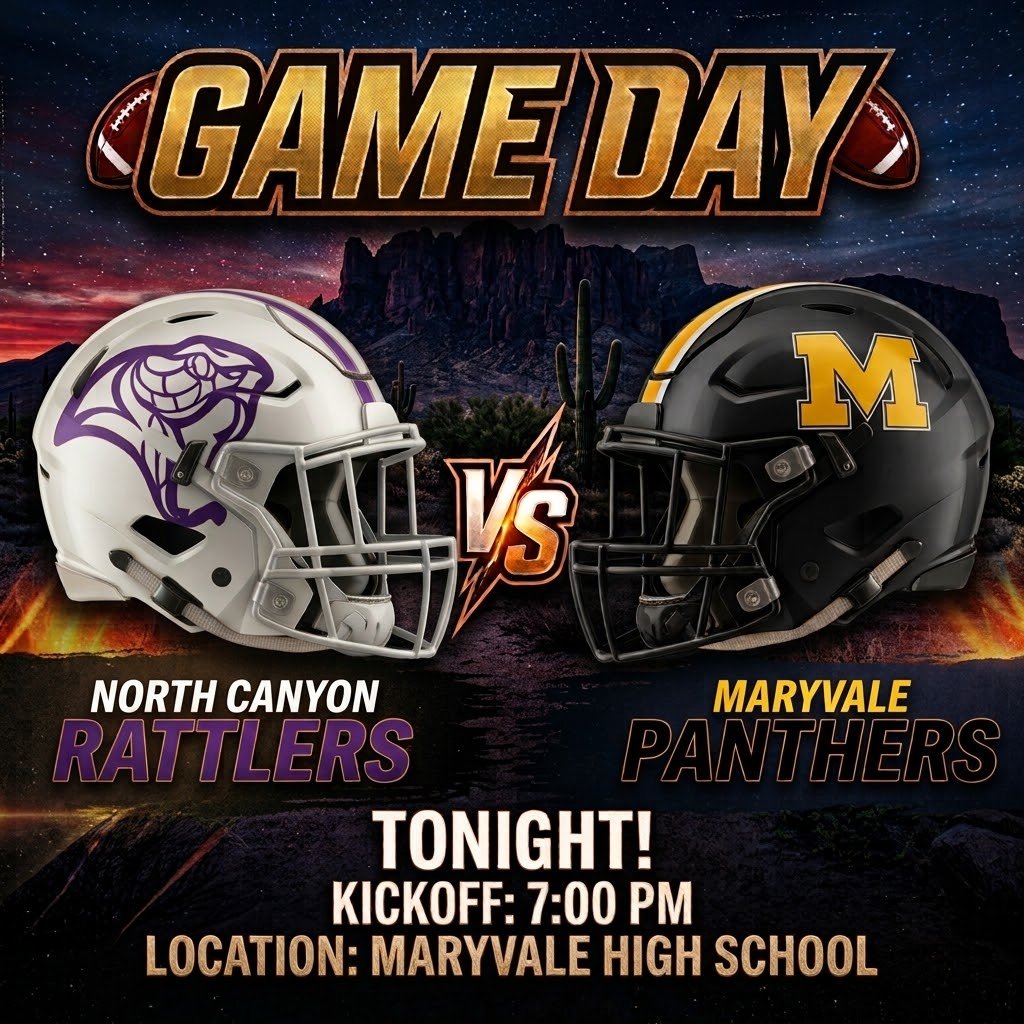 northcanyonfb's tweet photo. 🏈 GAME DAY!!! 🟣⚫🏈
🕛 7PM
📍 @ Maryvale HS
Come out &amp; support your NCHS Rattlers 🐍
#weoverme https://t.co/udEUpEQJae
