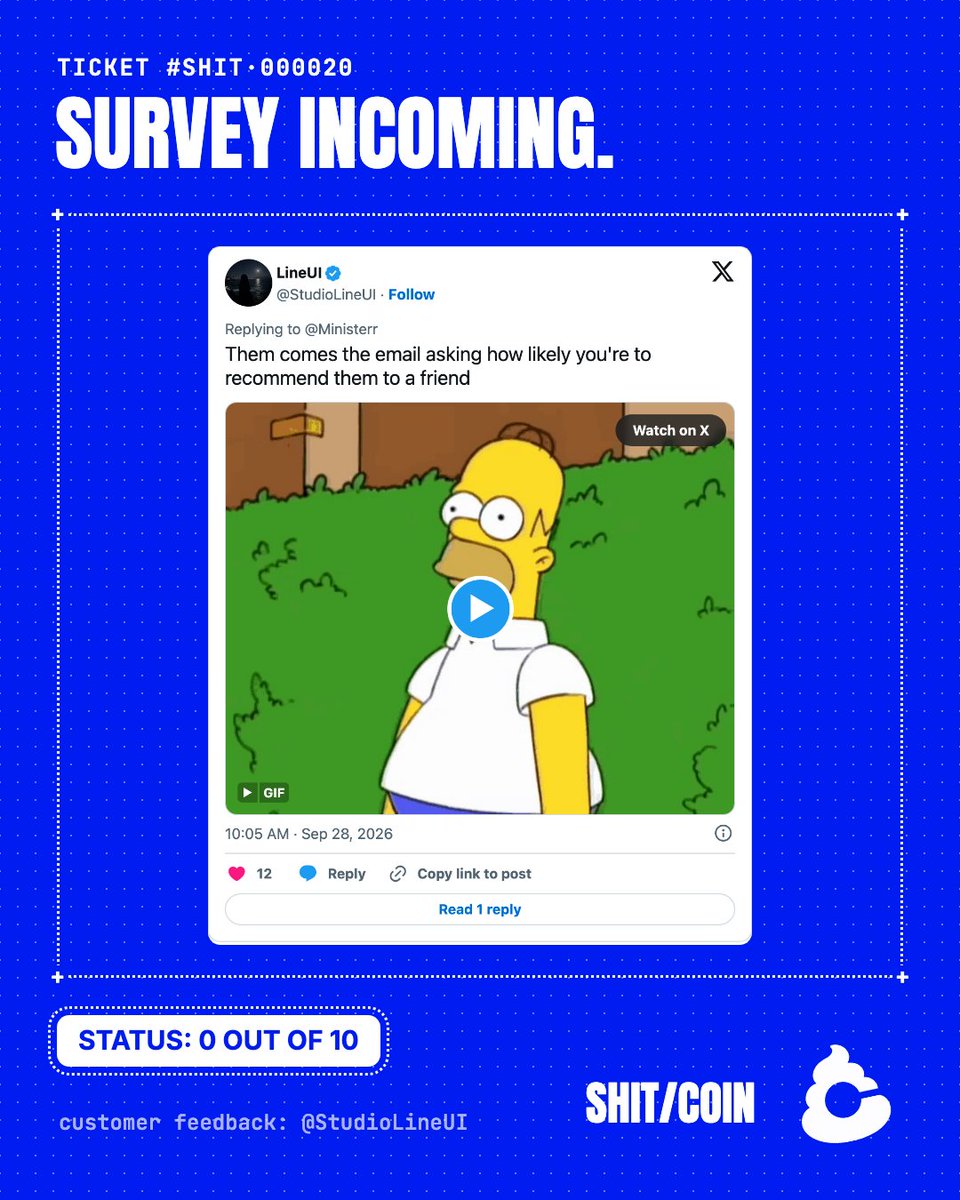 ShitcoinSupp's tweet photo. TICKET #SHIT·000020
your issue was not resolved.
your survey has been sent.
priorities. https://t.co/G3vS1ZkJu2