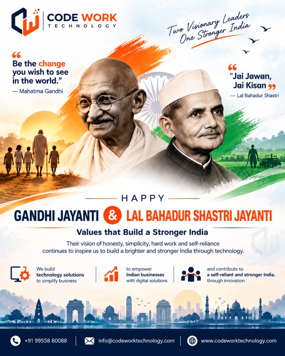 codeworktech's tweet photo. 🇮🇳 Honouring two visionaries, celebrating one stronger India.
On Gandhi Jayanti &amp; Lal Bahadur Shastri Jayanti, we celebrate values of truth, hard work, simplicity &amp; self-reliance. At Codework Technology, we turn these values into technology that empowers Indian businesses. https://t.co/7JzCwoxxK2