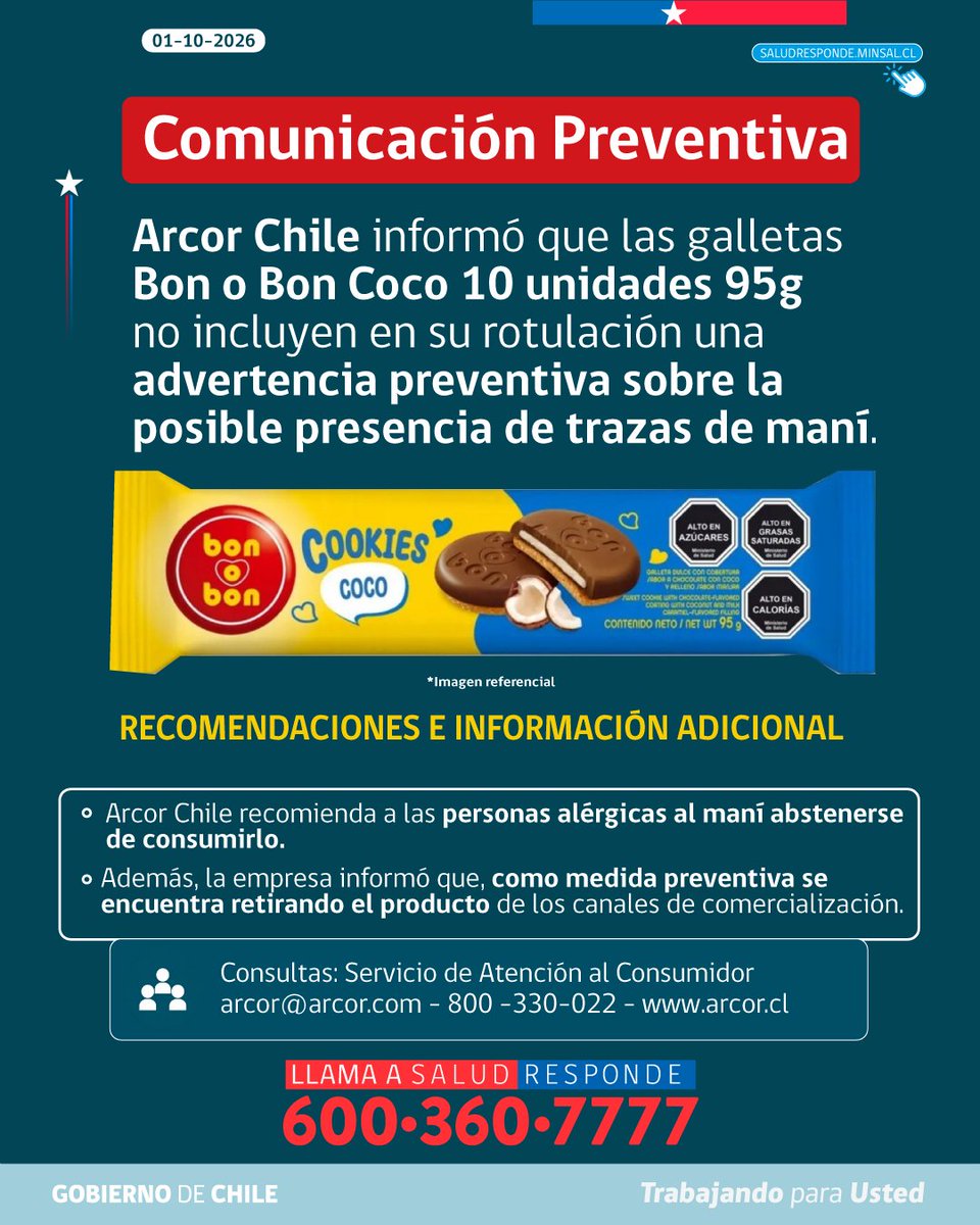 Salud_Responde's tweet photo. Comunicación Preventiva Arcor Chile 
Consultas al 800-330-022 https://t.co/NTn67z7tPg