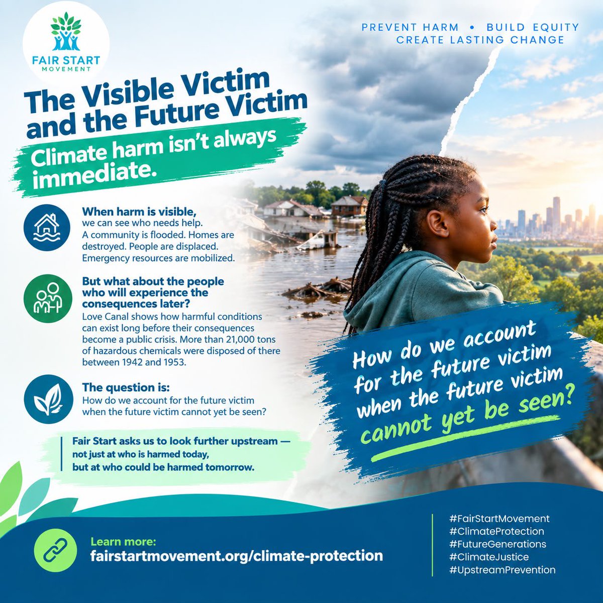 FairStartOrg's tweet photo. Climate harm gets urgent when we can see the victim.

But who accounts for the future victim?

Fair Start asks how we protect people who will inherit consequences that are being created today.

https://t.co/iiSFiXdCrB

#FairStart #FutureGenerations https://t.co/b96q6r9EIG