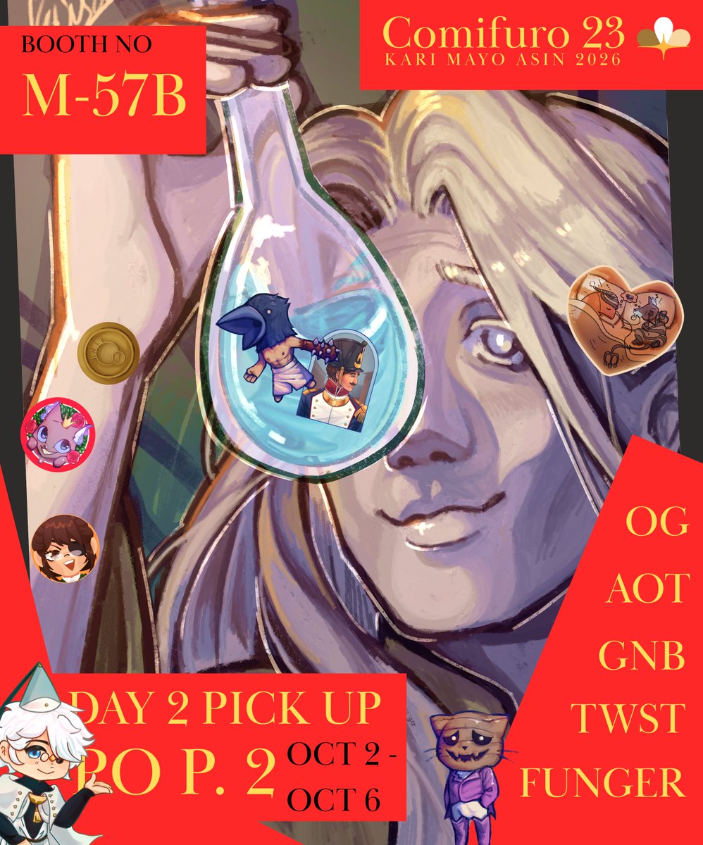 karimayoasin's tweet photo. #CF23 PART 2 PREORDER OPEN! (4/12)  

📅2 Oct - 6 Oct 
Pick Up Day 2 ONLY 
💸QRIS/BCA
https://t.co/SYZAQIC3tD 

📷Guts and Blackpowder (GnB), Witch Hat Atelier (WHA), Attack on Titan (AoT), Twisted Wonderland (TWST), Fear &amp; Hunger (Funger), OG art
#comifuro23 #comifuro23catalogue https://t.co/fYeBHOfD7A