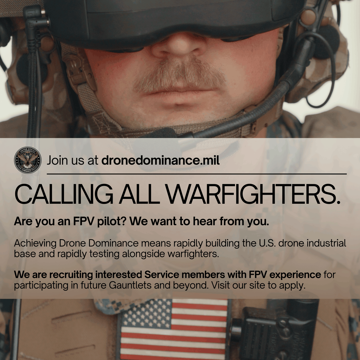 DIU_x's tweet photo. Are you an FPV pilot? We want to hear from you!

The Drone Dominance Program is recruiting service members with FPV experience who would like to be considered as pilots for future Gauntlets and related efforts.

Interested? Visit https://t.co/dlfuzlu2c0 to learn more: https://t.co/AyOAxjw9jt