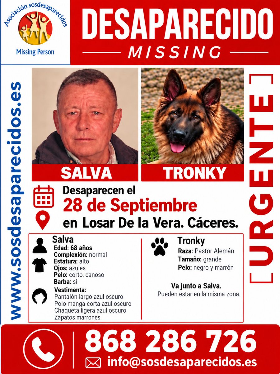 sosdesaparecido's tweet photo. 🆘 DESAPARECIDOS
🟠 ALTA VULNERABILIDAD
#España #sosdesaparecidos #Desaparecido #Missing #Cáceres
Síguenos @sosdesaparecido https://t.co/JxBMkfrkEJ