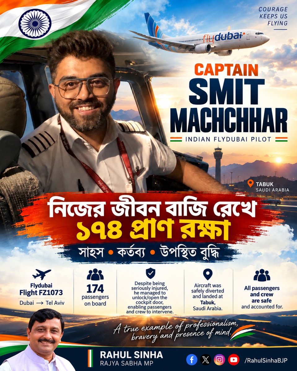 RahulSinhaBJP's tweet photo. আকাশপথে এক সংকটময় পরিস্থিতিতে নিজের নিরাপত্তার কথা না ভেবে যাত্রীদের সুরক্ষাকে সর্বোচ্চ অগ্রাধিকার দিয়েছেন ভারতীয় পাইলট ক্যাপ্টেন স্মিত মাচ্ছার।

তাঁর সাহস, পেশাদারিত্ব ও দ্রুত সিদ্ধান্তের ফলে ১৭৪ জন যাত্রীর জীবন রক্ষা পেয়েছে। 

আপনার সাহসকে স্যালুট।

#SmitMachchhar https://t.co/SB9dLyxeV6