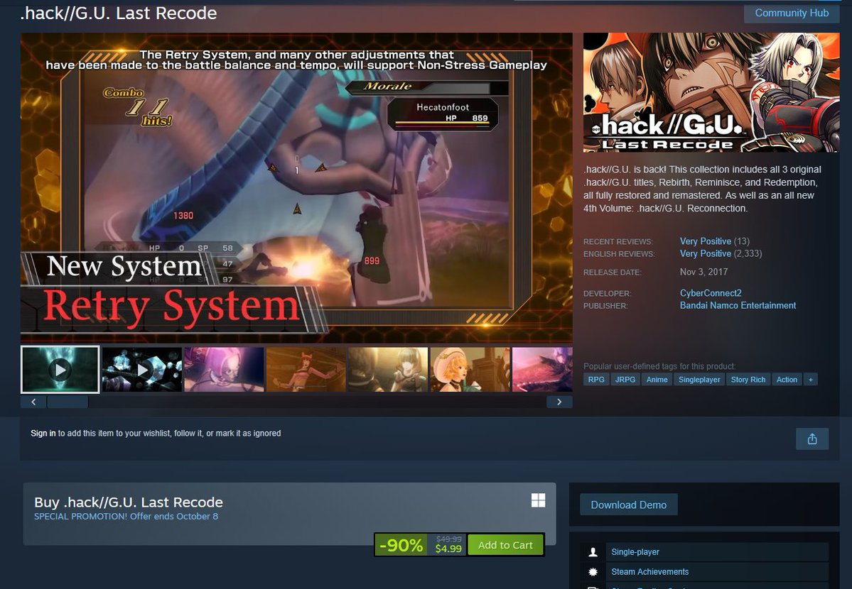 dothacknetwork's tweet photo. .hack//G.U. Last Recode for PC Steam &amp; Steamdeck is 90% off for $4.99 USD from now till October 8th 2026. 
https://t.co/GQnUuwMafA
#dothack #ドットハック https://t.co/8rsEPnzjsK