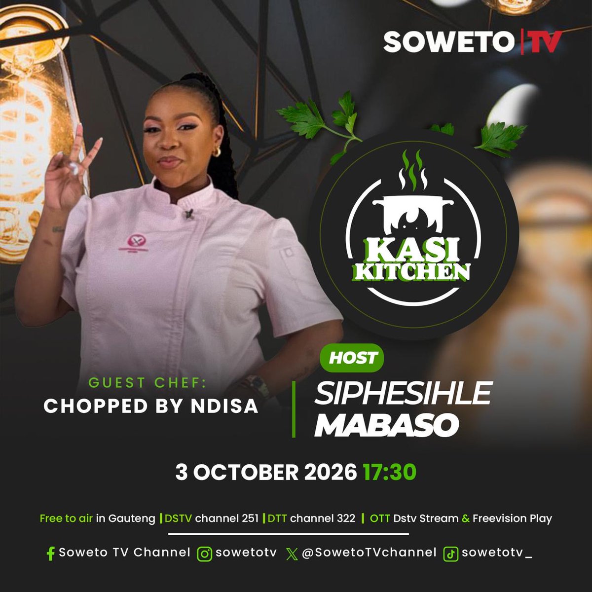 SowetoTVchannel's tweet photo. π³ KASI KITCHEN
Siphesihle Mabaso welcomes talented chef Chopped by Ndisa for another flavour-packed episode of Kasi Kitchen! π©πΎβπ³π₯π
π
3 October 2026
π 17:30
πΊFree to air in Gauteng | DStv Channel 251 | DTT Channel 322 | OTT (DStv Stream & Freevision Play)
#KasiKitchen #Chef https://t.co/5OA5rLfcWC
