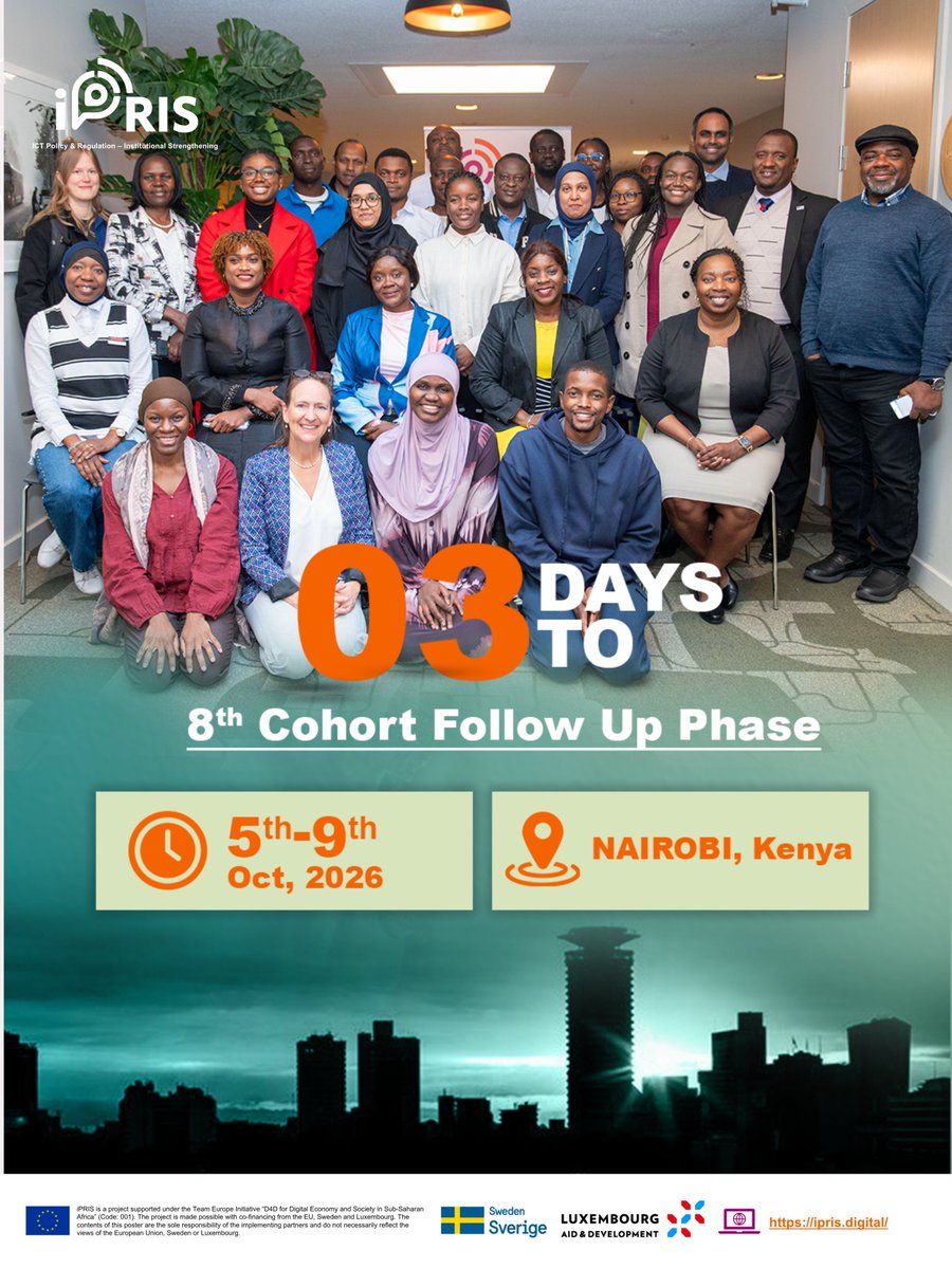 iPRIS_digital's tweet photo. 3 days to go!  The 8th iPRIS cohort will convene in Nairobi from 5–9 October for the Africa cycle.  Following their April meeting in Sweden, regulators will reconvene to review progress on their change initiatives and discuss the way forward.  #DigitalAfrica #ICTPolicy #iPRIS https://t.co/9zdRtqmRAZ