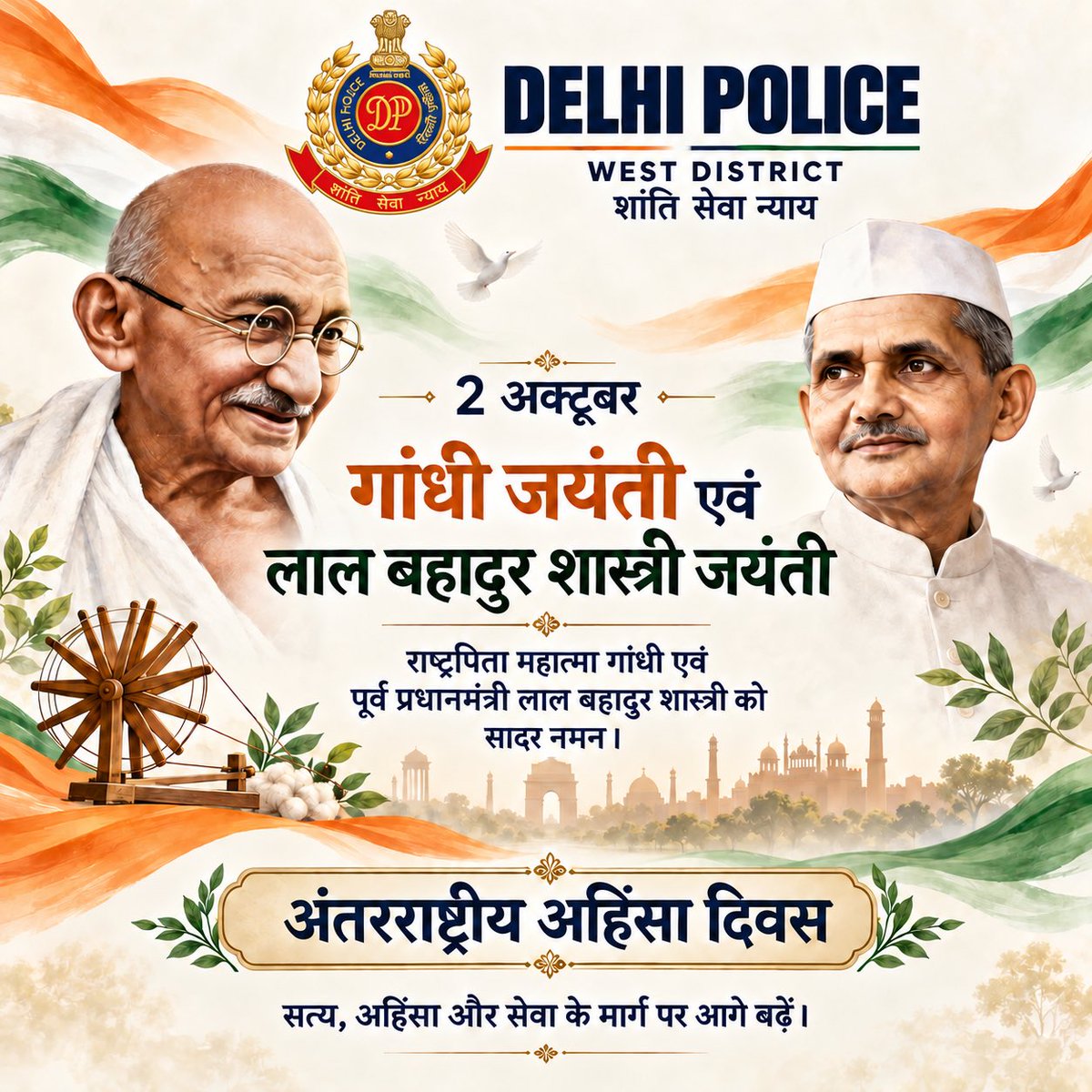 DCPWestDelhi's tweet photo. गांधी जयंती एवं लाल बहादुर शास्त्री जयंती पर पश्चिमी जिला, दिल्ली पुलिस की ओर से दोनों महान विभूतियों को सादर नमन। 🙏

अंतरराष्ट्रीय अहिंसा दिवस पर आइए, सत्य, अहिंसा और सेवा के आदर्शों को अपनाकर शांति एवं सद्भाव का संकल्प लें।

#GandhiJayanti #LalBahadurShastriJayanti #InternationalDayOfNonViolence #DelhiPolice #WestDistrict @LtGovDelhi @CPDelhi @DelhiPolice